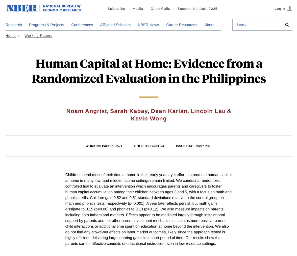 Noam Angrist (@angrist_noam) on Twitter photo 📣Our paper now out <a href="/nberpubs/">NBER</a>: "Human Capital at Home: Evidence from a Randomized Evaluation in the Philippines" w/ <a href="/deankarlan/">Dean Karlan</a> <a href="/SarahKabay/">Sarah Kabay</a> Lau & <a href="/kevinwongLA/">黃浩文 Kevin Wong (🦋kevinwongla.bsky.social)</a>. We find parents in low-resource settings can effectively support early years education w/ cheap materials & minimal 📣Our paper now out <a href="/nberpubs/">NBER</a>: "Human Capital at Home: Evidence from a Randomized Evaluation in the Philippines" w/ <a href="/deankarlan/">Dean Karlan</a> <a href="/SarahKabay/">Sarah Kabay</a> Lau & <a href="/kevinwongLA/">黃浩文 Kevin Wong (🦋kevinwongla.bsky.social)</a>. We find parents in low-resource settings can effectively support early years education w/ cheap materials & minimal