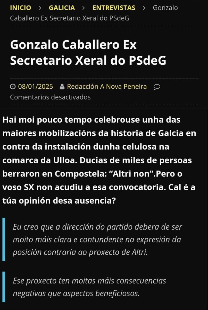 O PSdeG necesita rumbo claro: #AltriNon
📰8/1/2025. "Creo que a dirección do PSdeG debera de ser moito máis clara e contundente na posición contraria ao proxecto de Altri: ten máis consecuencias negativas que beneficios"
👉20/3/2025. O PSdeG chama a asistir á manifa da Pobra👍🌹