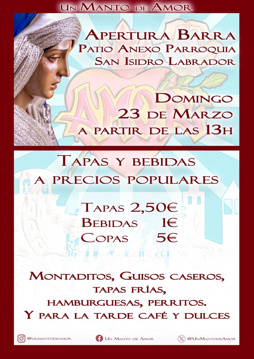 UnMantodeAmor's tweet photo. ℹ️ El próximo Domingo 23 de Marzo a partir de las 13h abriremos la barra de la hermandad tras la misa parroquial.

Tendremos bebidas a 1€ (botellines helados) y tapas a 2'5€.

Os esperamos! 😊

#CuaresmaenPinoMomtano #PinoMontano #UnMantodeAmor
#AmorenNazaret https://t.co/NonORlOrjo
