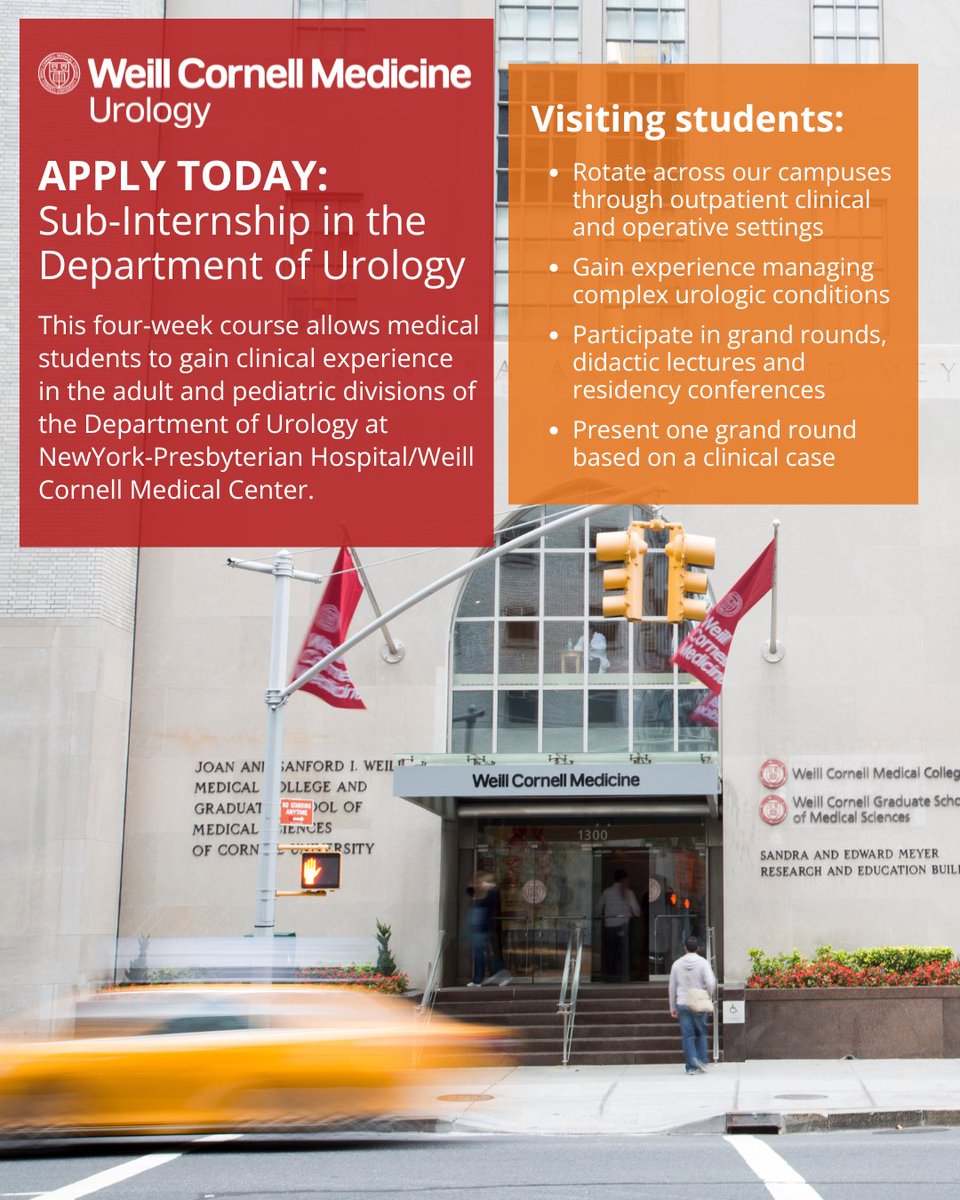 Weill Cornell Medicine Urology (@wcmurology) on Twitter photo Our #urology sub-internship applications are OPEN!
Apply today to our robust 4-week program providing fourth year medical students with hands-on experience & learning within our adult and pediatric divisions.
To learn more or apply➡️bit.ly/4bRvoui
#UroMatch #UroRes Our #urology sub-internship applications are OPEN!
Apply today to our robust 4-week program providing fourth year medical students with hands-on experience & learning within our adult and pediatric divisions.
To learn more or apply➡️bit.ly/4bRvoui
#UroMatch #UroRes