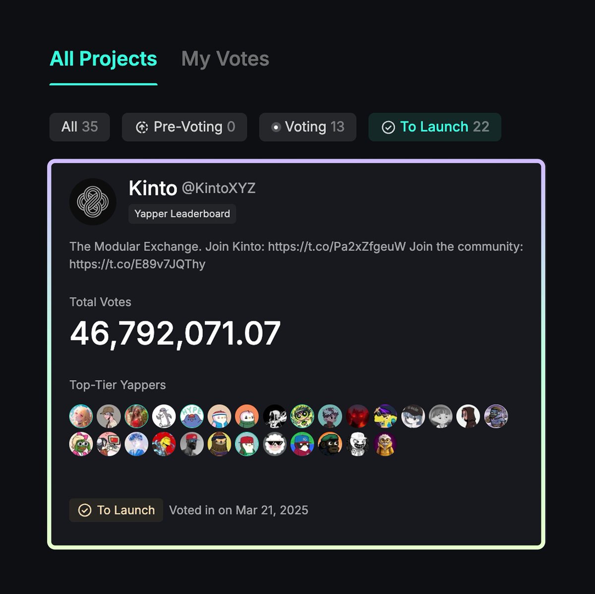 .<a href="/KintoXYZ/">Kinto</a>  is the next Pre-TGE project selected from the Yapper Launchpad!

Voted for by all of you - their leaderboard coming in ~7 days time 🫡