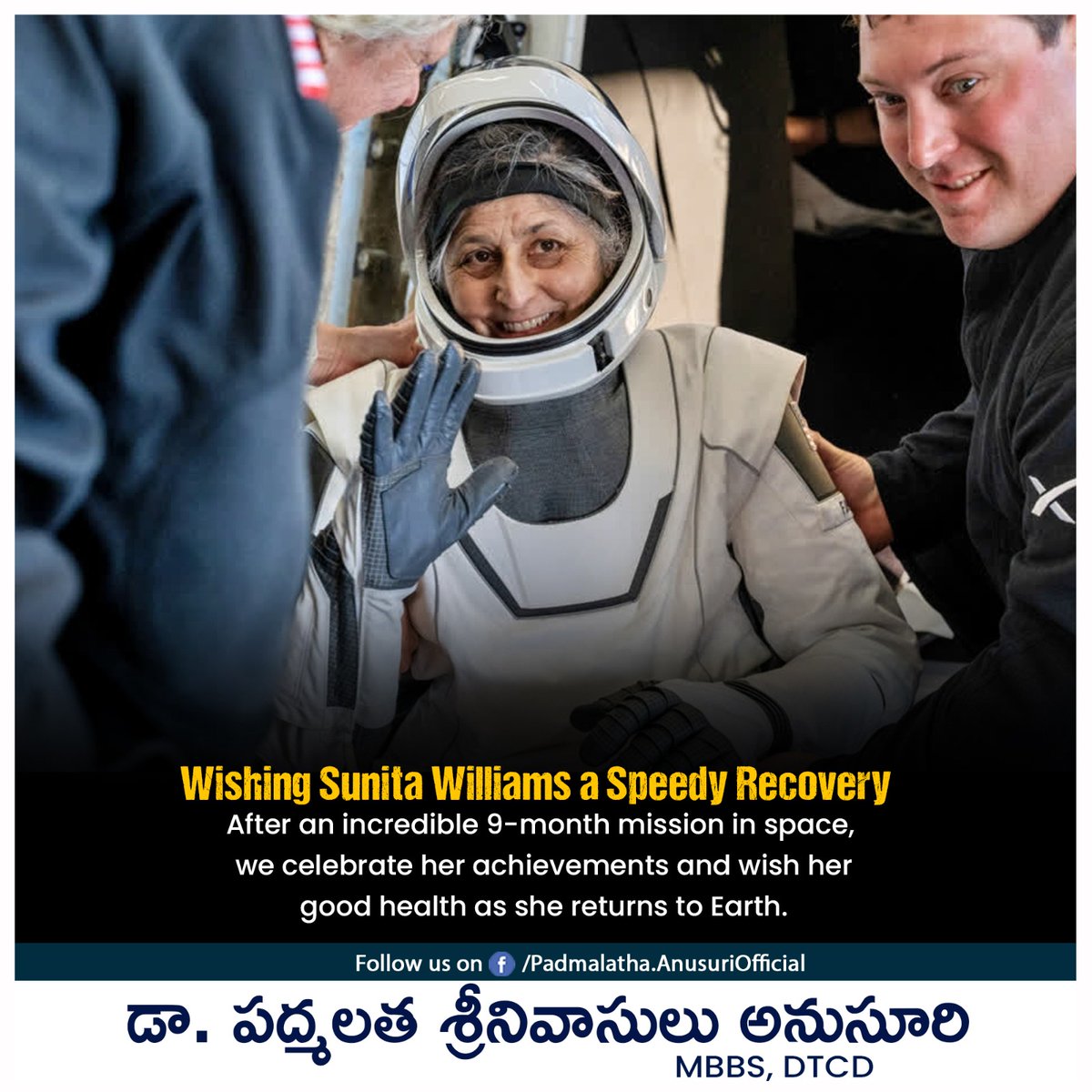 padmalatha_dr's tweet photo. Wishing Sunita Williams a Speedy Recovery
After an incredible 9-month mission in space, we celebrate her achievements and wish her good health as she returns to Earth.

#drpadmalathaanusuri #SunitaWilliams https://t.co/cbWr2FlH2C