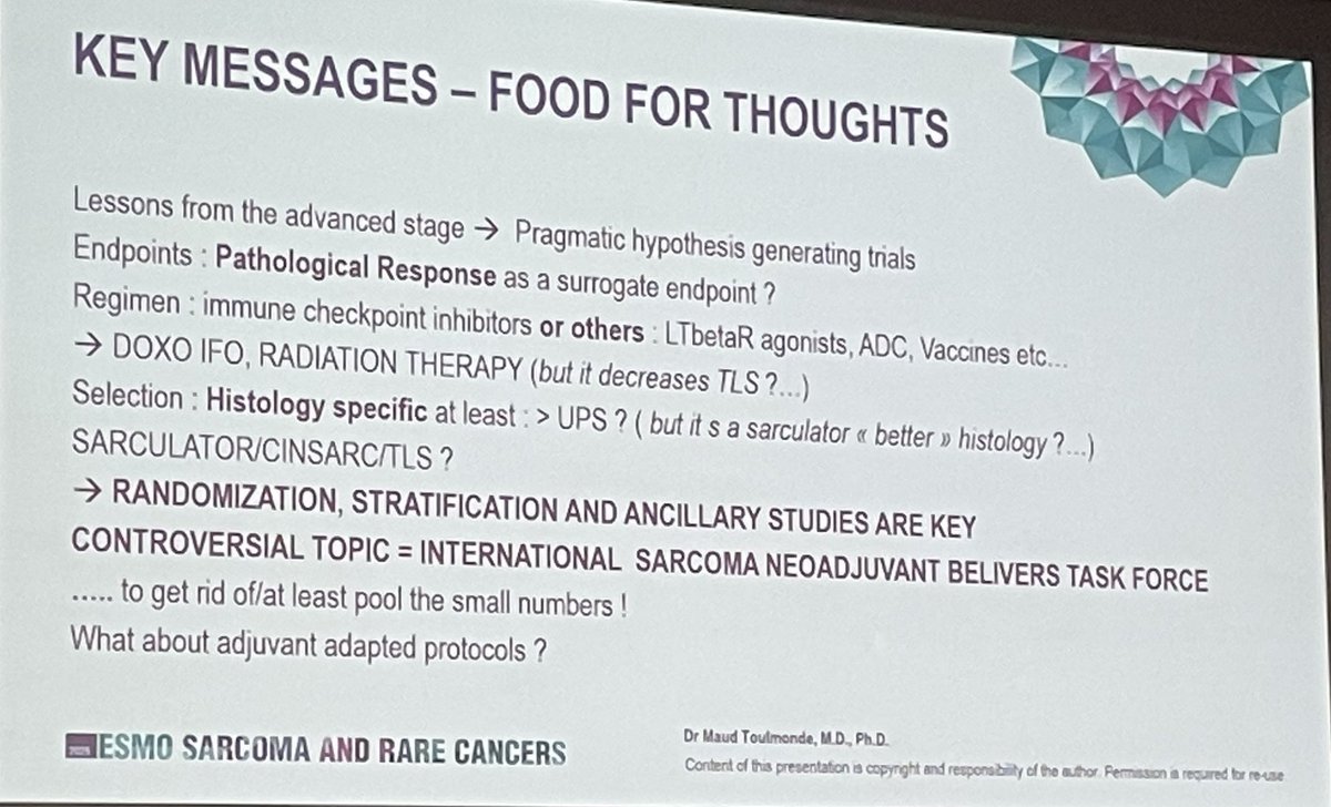 DrCeSarcoma's tweet image. 💡 Neoadjuvant chemotherapy + immunotherapy in #sarcomas

👥 Select subtypes and stratify
💉Don’t focus only on ICIs - test new agents
🔬Include pathological response as an endpoint 
📉Use novel trial designs

Wonderful overview from Maud Toulmonde at #ESMORareCancers25