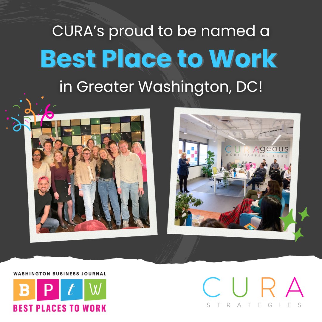 curastrategies's tweet image. Big news! CURA has been named one of the 2025 Best Places to Work in Greater Washington by @WBJonline!
Thank you to the incredible team for making CURA such a special place to work. So proud of what we’re building together.
#CURAgeous #BestPlacetoWork