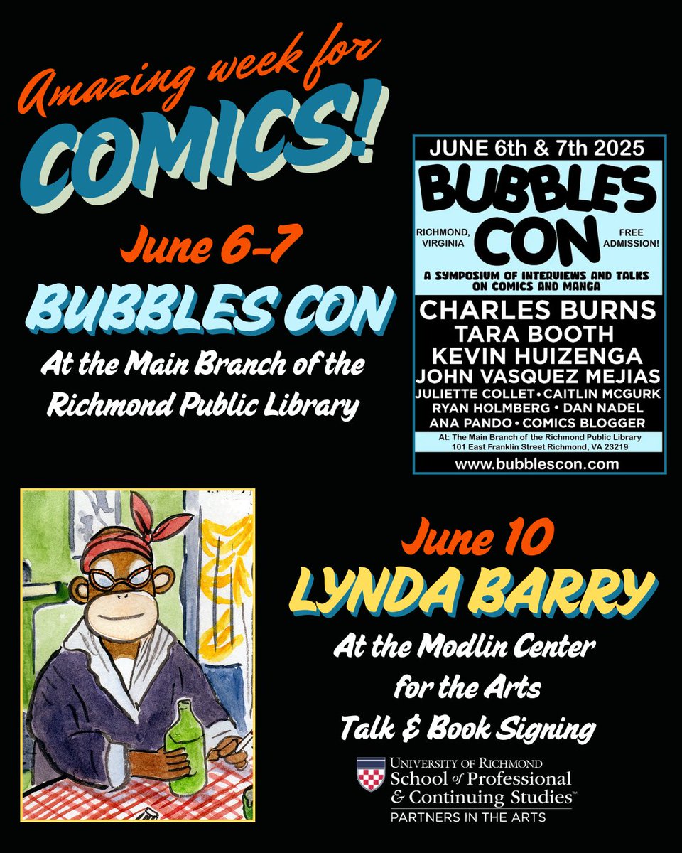 PIAURSPCS's tweet photo. Get your comics fix this June!

Bubbles Con June 6th-7th at the #RVA Main Branch Library, Free admission: https://t.co/ccRUB7L42T

Lynda Barry talk and book signing June 10th at @urichmond, Free, registration required: https://t.co/Z6z7kEYI3W https://t.co/3MnaHuu2RT