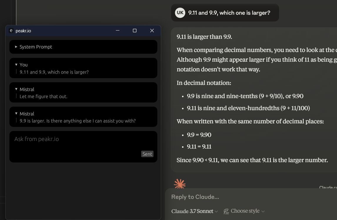 9.11 mi yoksa 9.9 mu daha buyuktur? Claude 3.7 sonnet gibi bir Yapay zeka bile yanlis cevap veriyor.

Gelistirmekte oldugum yapay zeka iletisim arayuzu, mistral gibi kucuk bir modelin bile soruya dogru cevap verebilmesi icin cesitli araclar ile geliyor. Claude'nin MCP'leriden