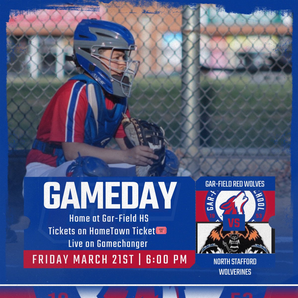 Home game Friday 3/21! 🥎❤️💙 bring your blankets! 🥶 Tickets on HomeTown Ticketing app 🎟️ and live streamed on Gamechanger 🎥 <a href="/G_FHSAthletics/">Gar-Field Athletics</a> 
🆚 North Stafford 
🕕 6:00pm
📍 at Gar-Field High School