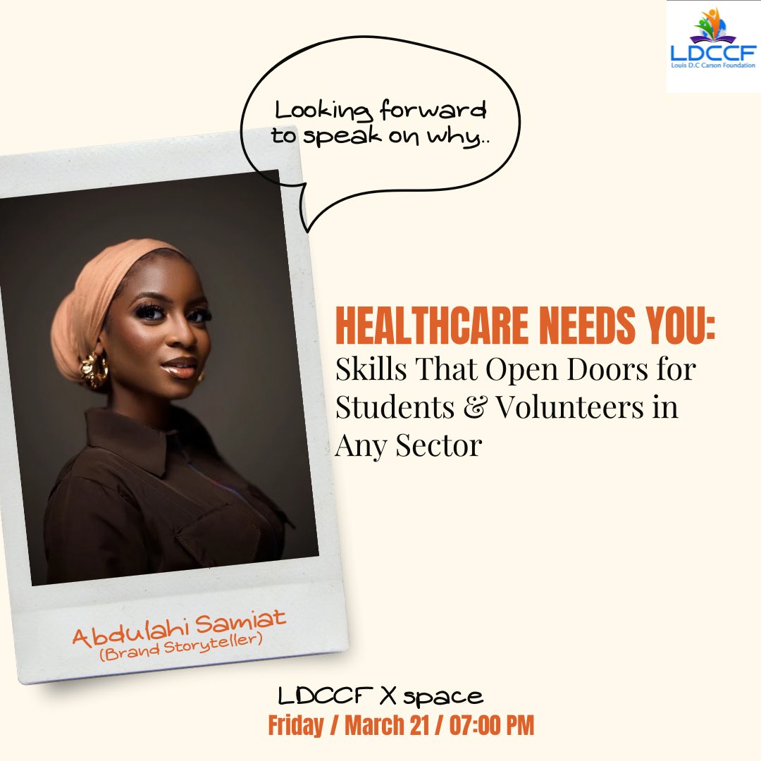 ldccfoundation's tweet photo. Excited right?🤗Join us today with @samiat_ao on Xspace at 7pm to explore why HEALTHCARE NEEDS YOU!Discover skills that open doors to opportunities both for students & volunteers & learn how to make a meaningful impact.Don't miss it! 💃
#ldccf #XSpace #skilldevelopmenttraining https://t.co/OjayKVUzAO