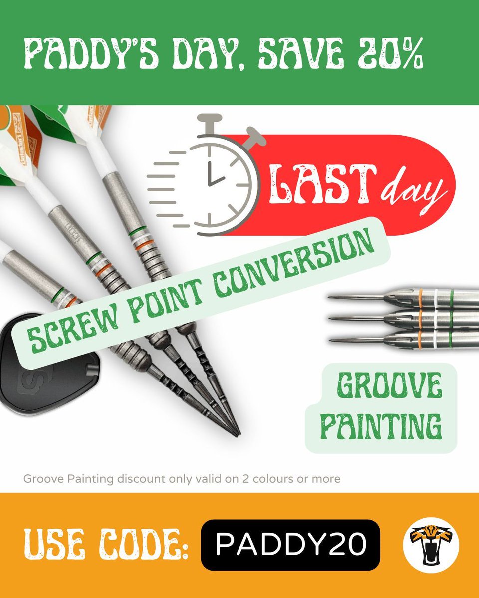 🇮🇪 St. Patrick's Day - HURRY 🇮🇪

Last day for 20% off Screw Point Conversions and #GroovePainting!

Refresh your darts🎯

Switch to #SwissPoints and get a grip on your game!

#TigerDarts #StPatricksDay #DartDeals #Discount #ScrewPointConversion #Irish #Offer #Gold