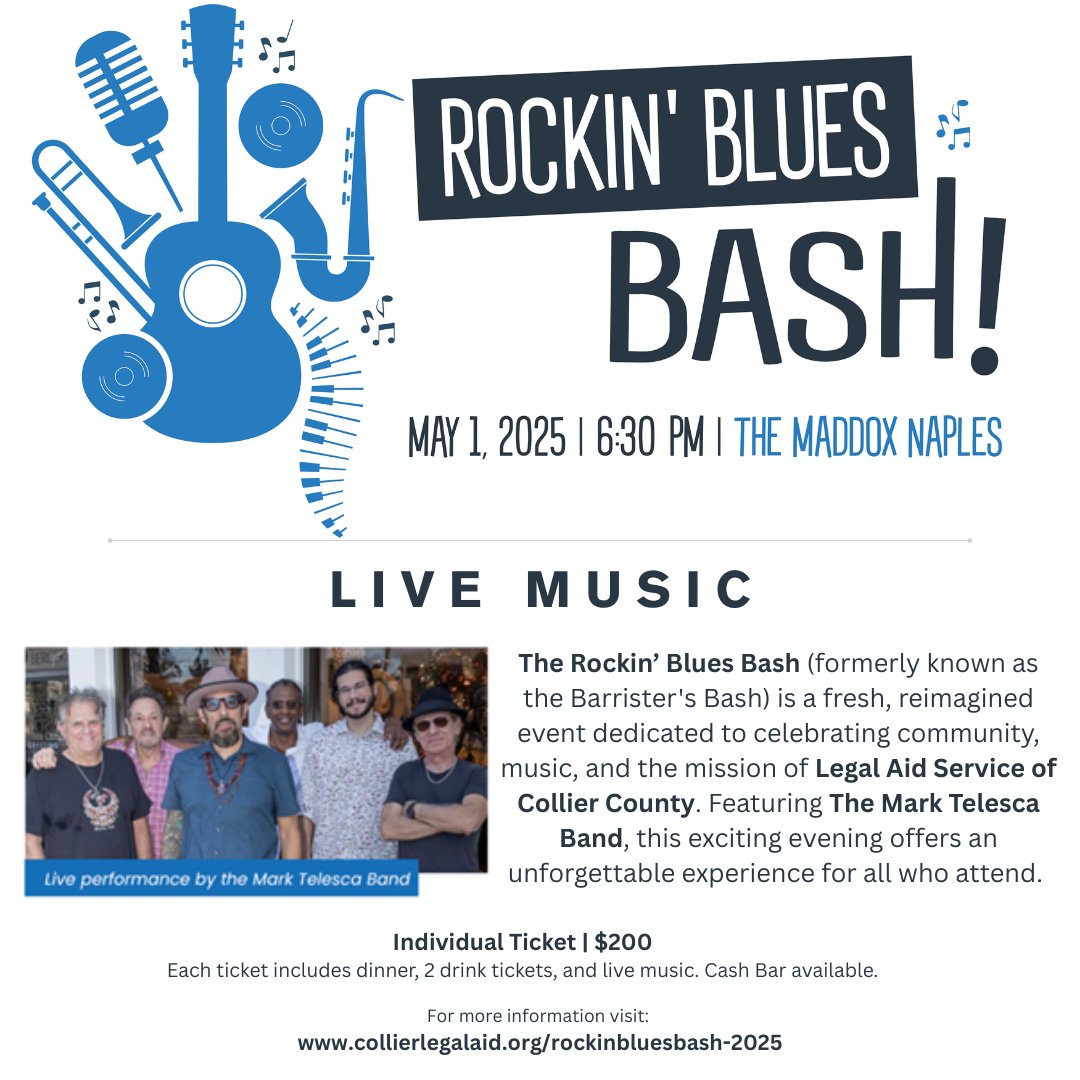 Do you love blues music? Then you won’t want to miss the Rockin' Blues Bash! 🎤🎉 Join us for an unforgettable night of great music, good vibes, and support for a great cause.

Get your tickets now and let’s rock the night away! 🤘

collierlegalaid.org/rockinbluesbas…
