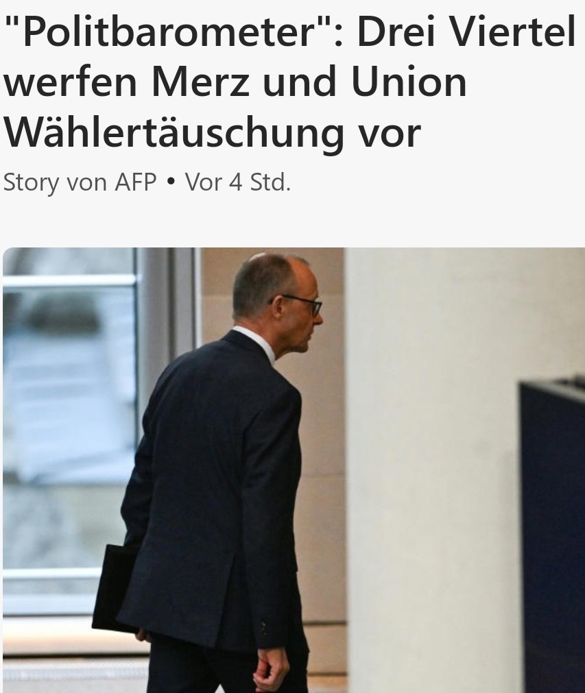 Friedrich #Merz behauptet gerne, das was er sage und fordere, würde von der Mehrheit der Gesellschaft geteilt.

Nun ja...
3/4 der Bevölkerung hält den #CDU-Vorsitzenden für einen elenden Lügner.
Wie will dieser Mann so regieren können?
/PM