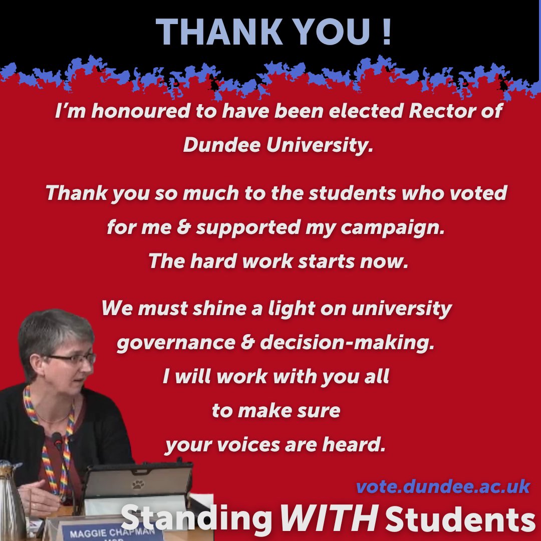 MaggieChapman's tweet image. Thank you!
Honoured to have been elected Rector of @dundeeuni.
Very grateful to all the students who voted &amp;amp; campaigned for me.
I will do whatever I can to bring student voices into decision-making at the uni. Dundee can &amp;amp; must have a bright future - you deserve nothing less!