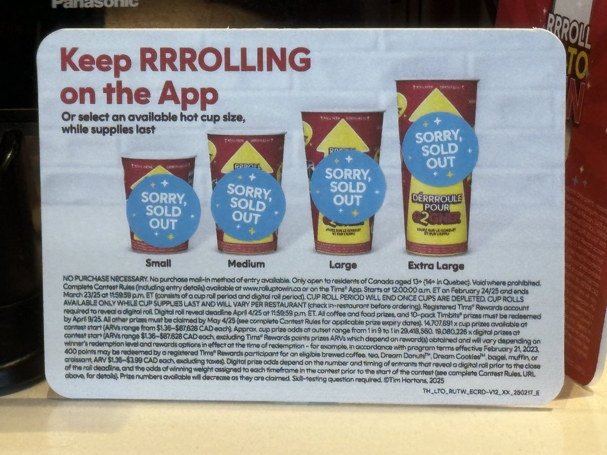 Fail on <a href="/TimHortons/">Tim Hortons</a> part for not stocking enough roll up the rim cups to get them to the end of the campaign 👎🏻