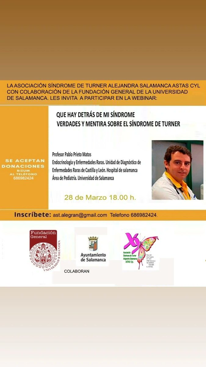 AlegranAst's tweet photo. QUE HAY DETRÁS DE MI SÍNDROME
VERDADES Y MENTIRA SOBRE EL SÍNDROME DE TURNER
 Alejandra Salamanca ASTAS CyL les invita a participar en la webinar.
QUE HAY DETRÁS DE MI SÍNDROME 
La webinar  tendrá lugar el día El 28 de marzo, a las 18:00h. a 20
https://t.co/90dFAwGRTj https://t.co/mddEWN8380