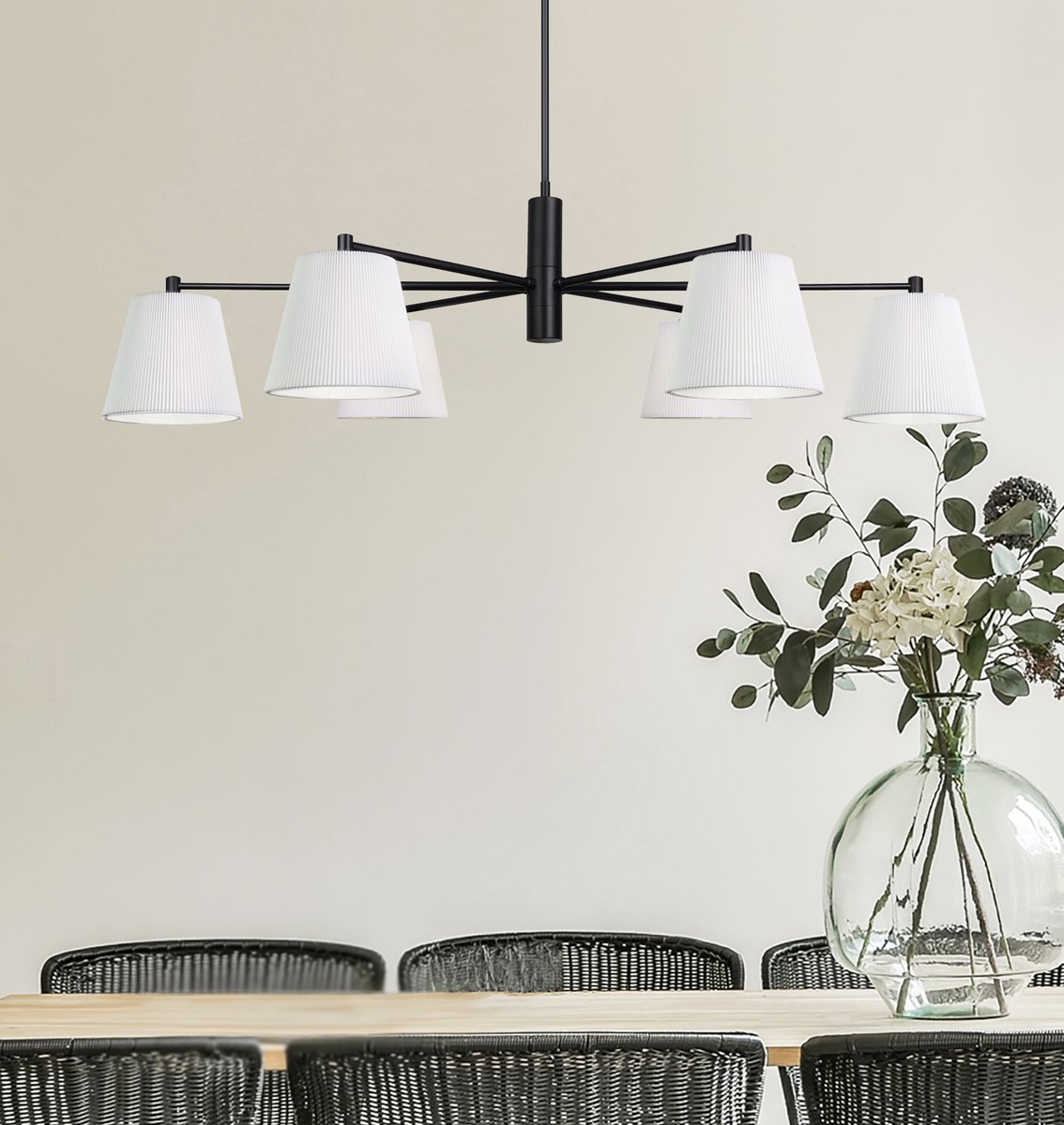 Aspen features sleek, adjustable arms and a customizable height, perfectly paired with crisp, pleated white shades. Designed to deliver both style and flexibility. 
Aspen Chandelier: ICH120106BK
.⁠
.
#lightingInspiration #harmonizedhome