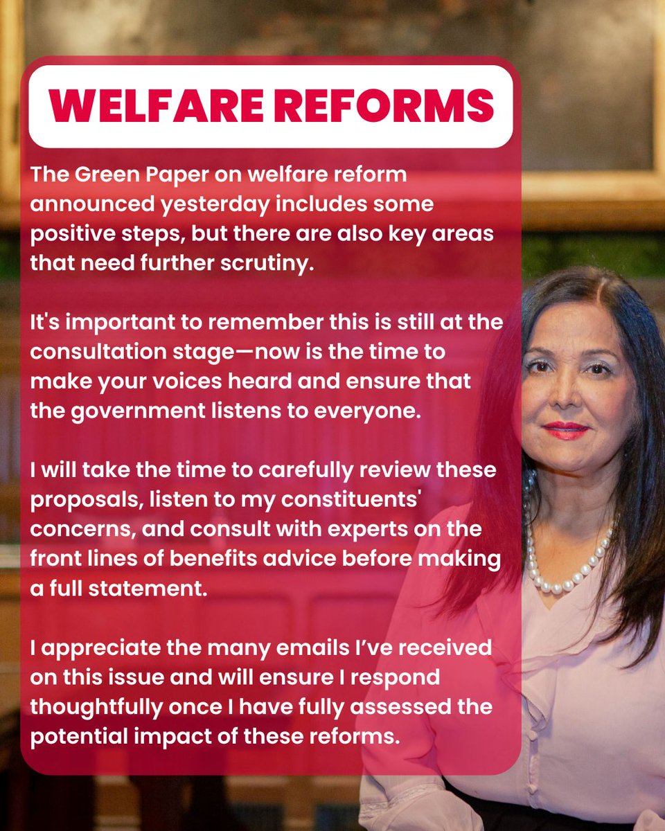 Yasmin Qureshi MP (@yasminqureshimp) on Twitter photo I know many are worried about changes to disability benefits. The Pathways to Work Green Paper includes positive proposals but also areas that need further consideration. Have your say in the consultation: ⬇️
🔗 gov.uk/government/con… I know many are worried about changes to disability benefits. The Pathways to Work Green Paper includes positive proposals but also areas that need further consideration. Have your say in the consultation: ⬇️
🔗 gov.uk/government/con…