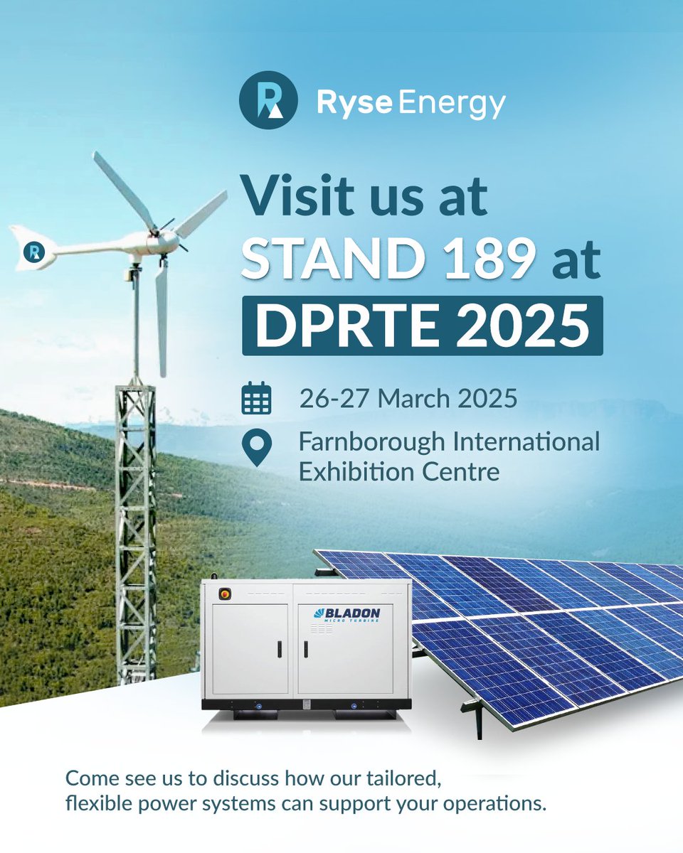 Ryse Energy, alongside <a href="/BladonMTG/">Bladon Micro Turbine</a>, will be at DPRTE 2025, the UK’s leading defence procurement and supply chain event. We will showcase our leading hybrid energy systems to ensure reliable, off-grid power. Visit us at Stand 189 on 25-26 March 2025 at Farnborough International.