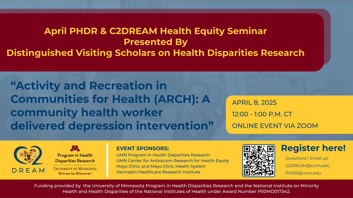 Visiting scholars Dr. Bradley Appelhans and Dr. Paris Thomas will present on their recent P50-center project promoting physical activity and mental wellness in the Chicago area.

📅 04.08.2025
🕑 12 - 1 pm CST
📍 Via Zoom.

Register Online: z.umn.edu/HealthEquitySe…