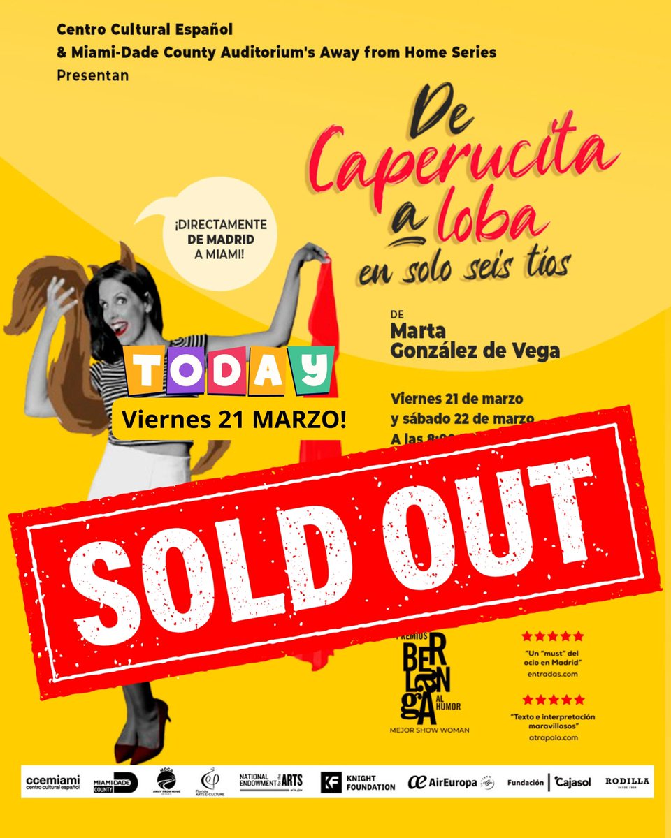 HOY ESTAMOS SOLD OUT‼️‼️‼️ <a href="/martagondevega/">Marta González de Vega</a> 

Para mañana sábado quedan muy pocas… ¡CORRE!  Llega algo a #Miami que no te puedes perder.

📍 @koubekcentermdc – 2705 SW 3rd St, Miami, FL
📅 Funciones: 21 y 22 de marzo a las 8 pm