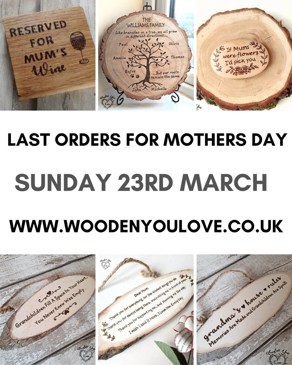 Last orders for my hand burnt wooden gifts is today, Sunday 23rd March!

Shop online here  for the full  collection:

woodenyoulove.co.uk/product-catego…

#MHHSBD #firsttmaster #earlybiz #mothersdaygifts