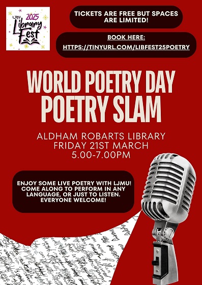 I wandered lonely as a cloud, to hear some people read aloud, to hear a tale of love and woe, to Aldham Robarts you must go
World Poetry Day: Poetry Slam 5pm to 7pm tonight (free tea and biscuits) everybody welcome