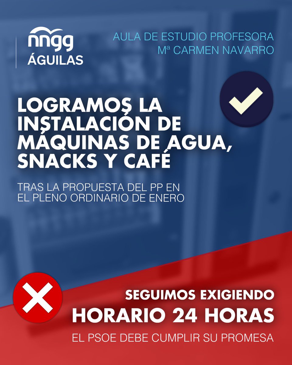 NNGG_Aguilas's tweet photo. 👉🏼 Logramos, gracias a la iniciativa de @PPAguilas, la instalación de máquinas expendedoras en la NO Aula de Estudio 24 horas. 

❌ Exigimos al PSOE de Águilas que cumpla su palabra y dote a estas instalación de un horario 24 horas.

¡Seguimos! 🤜🏼🤛🏼 https://t.co/89sRFqjasp