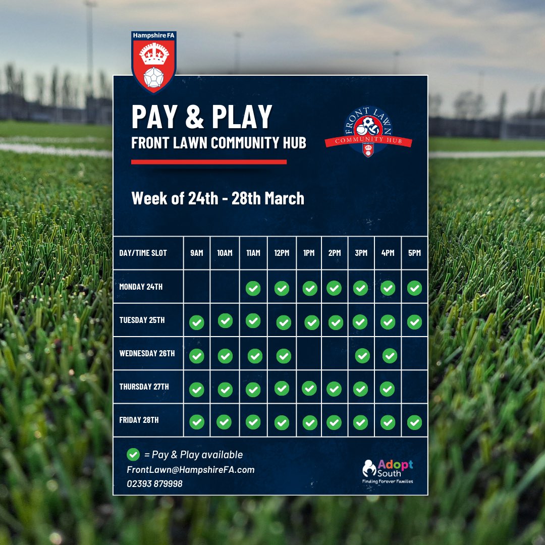Front Lawn Community Hub (@frontlawnhfa) on Twitter photo Pay & Play ⚽️
📅 March 24th - 28th
📍<a href="/FrontLawnHFA/">Front Lawn Community Hub</a>
🕰️ Times below
💰 £3 Per Player
➡️ No booking required
📧 FrontLawn<a href="/HampshireFA/">Hampshire FA</a>.com
@HampshireFA <a href="/HfaFacility/">Pete J Hussey</a> <a href="/MattHillHFA/">Matt Hill</a> <a href="/HavantBorough/">Havant Borough Council</a> <a href="/hwyfc/">Havant & Waterlooville Youth FC</a> <a href="/PompeyNewsNow/">PompeyNewsNow🎙PO4cast</a> <a href="/portsmouthsport/">Portsmouth Sport</a> Pay & Play ⚽️
📅 March 24th - 28th
📍<a href="/FrontLawnHFA/">Front Lawn Community Hub</a>
🕰️ Times below
💰 £3 Per Player
➡️ No booking required
📧 FrontLawn<a href="/HampshireFA/">Hampshire FA</a>.com
@HampshireFA <a href="/HfaFacility/">Pete J Hussey</a> <a href="/MattHillHFA/">Matt Hill</a> <a href="/HavantBorough/">Havant Borough Council</a> <a href="/hwyfc/">Havant & Waterlooville Youth FC</a> <a href="/PompeyNewsNow/">PompeyNewsNow🎙PO4cast</a> <a href="/portsmouthsport/">Portsmouth Sport</a>