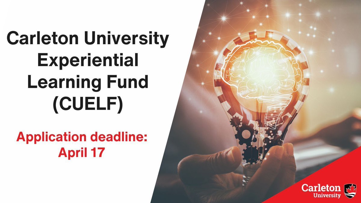 Carleton University Teaching & Learning Services (@cu_teaching) on Twitter photo Are you interested in developing or enhancing experiential learning opportunities for <a href="/Carleton_U/">Carleton University</a> students? Then apply for the Carleton University Experiential Learning Fund (CUELF) before the deadline on April 17. Details here: buff.ly/634cexi Are you interested in developing or enhancing experiential learning opportunities for <a href="/Carleton_U/">Carleton University</a> students? Then apply for the Carleton University Experiential Learning Fund (CUELF) before the deadline on April 17. Details here: buff.ly/634cexi