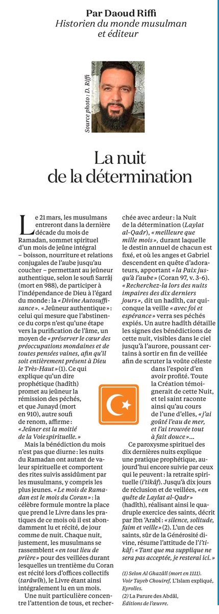 driffi59's tweet photo. Mon dernier article pour La Croix (14/03) : sur la place particulière des 10 dernières nuits du Ramadan en Islam.
Car en islam, comme dans les mondes traditionnels en général, le temps n'est pas monotone &amp; comporte des "fluctuations qualitatives"...
Bonne lecture. https://t.co/wGpvJ9B0OF