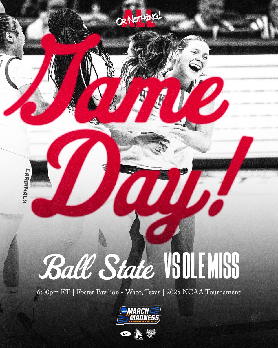 BallStateWBB's tweet photo. It's GAMEDAY | NCAA Tournament 

🆚No. 5 Ole Miss
📍Waco, Texas
⏲️6 pm ET | 5 pm CT
📺ESPNU
📻https://t.co/GTfbbdpmys
📊https://t.co/akxt1WHWAj https://t.co/UJnfRasBRI