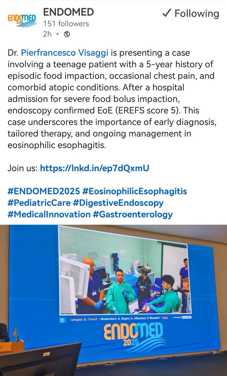 Pierfrancesco Visaggi, MD (@pierfra_visaggi) on Twitter photo Definitely worth attending, presenting and #live demonstrating on #EsophagealMotorDisorders and #EosinophilicEsophagitis at #ENDOMED2025.
A wonderflul event showing cutting edge advances in endosocopy.
A big thank you to
<a href="/alerepici/">alessandro repici</a>
and
@ robertodimitri
for the involvement!! Definitely worth attending, presenting and #live demonstrating on #EsophagealMotorDisorders and #EosinophilicEsophagitis at #ENDOMED2025.
A wonderflul event showing cutting edge advances in endosocopy.
A big thank you to
<a href="/alerepici/">alessandro repici</a>
and
@ robertodimitri
for the involvement!!