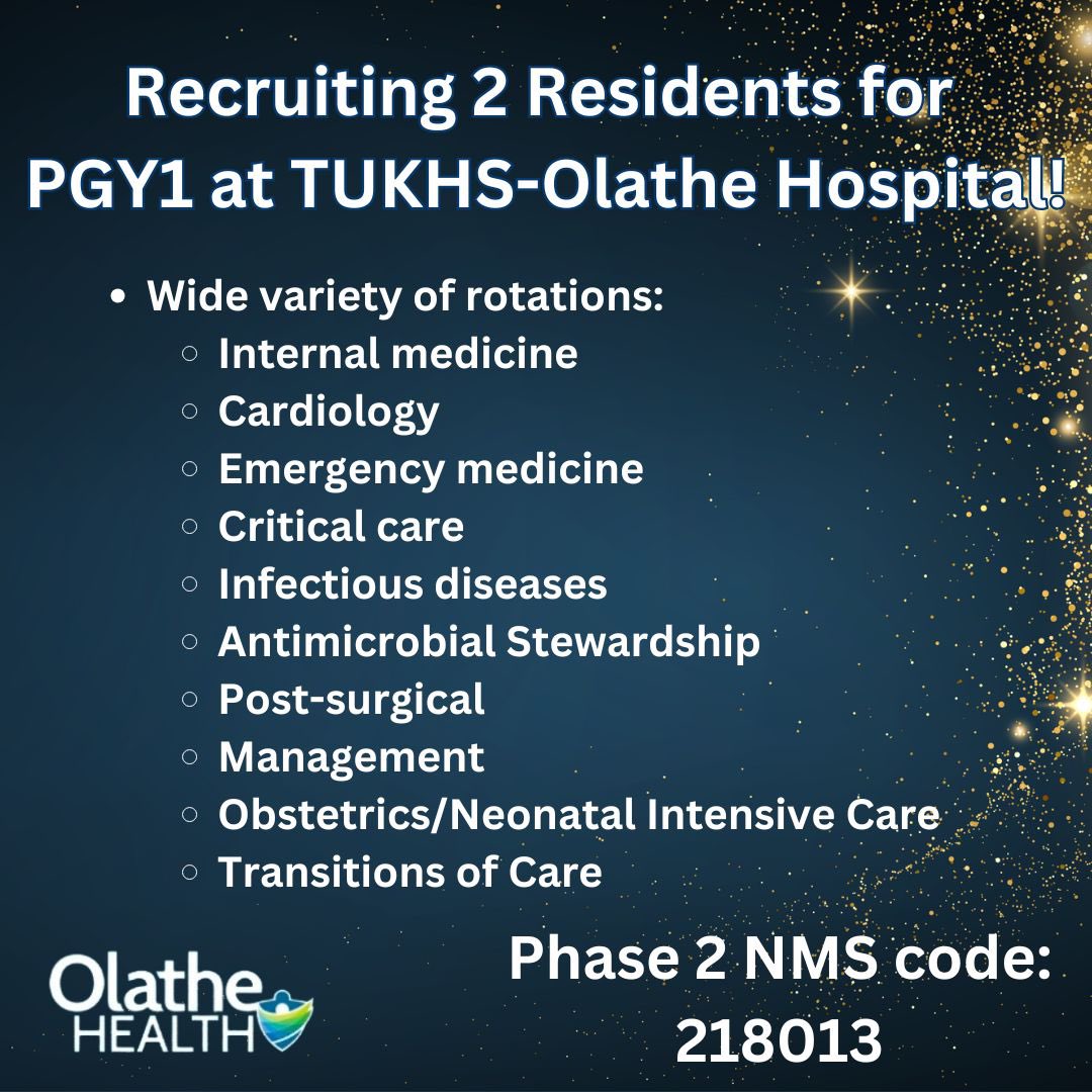 OlatheRxRes's tweet photo. We are recruiting 2 PGY1 residents for phase 2 of the match. Learn more about our program here: https://t.co/Tsgq8OSElZ

#TwitteRx https://t.co/s8GEm2RWCh