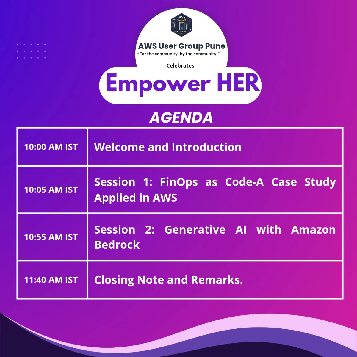 AwsPune's tweet image. Empower Her- Agenda Alert! 🚀

Join us for an insightful Empower HER Online Meetup. Don’t miss this chance to learn and celebrate women in tech!

Mode: Online
Date: 22 March 2025
Time: 10 AM to 12 PM IST
🔗 RSVP here: 
meetu.ps/e/NVZmg/12D3yR…

 #awsugpune #awsmeetup #pune