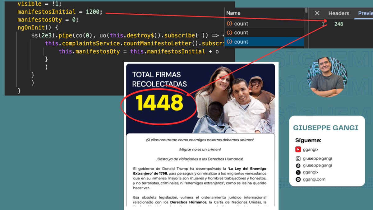 ggangix's tweet image. 🚨 FRAUDE EN FIRMAS en la web de migrantes🇻🇪

Dicen que 1.448 personas firmaron su manifiesto, pero en realidad solo hay 248.

¿El truco? Inflaron la cifra en el código:

🤥1200 + reales 

📛 Sigo ALERTANDO: No pongas tu información ahí
