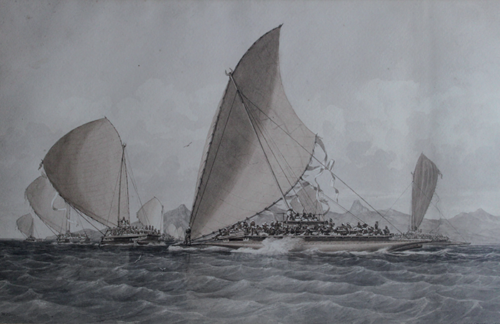 A fleet of drua off the coast of Ovalau Island, Fiji. Painting by J. Glen Wilson, 1856.
Walter Lawry reported that in 1847 Thakombau sailed out with not less than 200 warriors on board each canoe.
