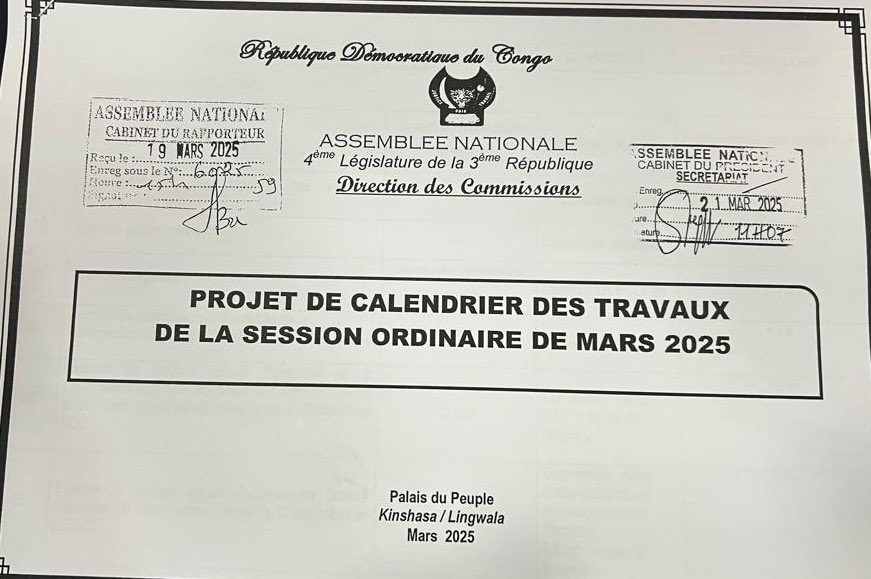 talatalardc's tweet photo. 🔔 Alerte Talatala | L’@AssembleeNatRDC adopte ce vendredi le calendrier des travaux de la session ordinaire de mars 2025.

Ce calendrier contient : 

 • 9 matières non législatives ; 
 • 18 arriérés législatifs ; 
 • 7 nouvelles matières. https://t.co/KZ8WXFv8oO