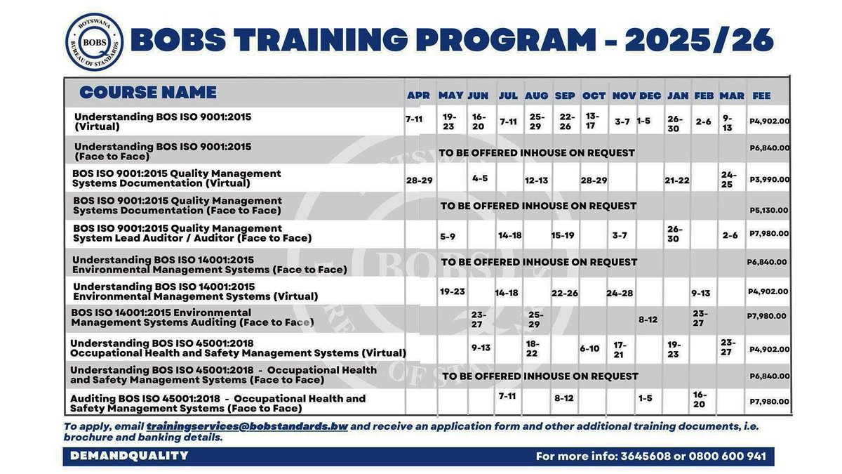 𝐁𝐎𝐁𝐒 𝐓𝐑𝐀𝐈𝐍𝐈𝐍𝐆 𝐏𝐑𝐎𝐆𝐑𝐀𝐌 - 𝟐𝟎𝟐𝟓/𝟐𝟔

Enrol today &amp; reserve your space!

Download the application form from our website bobstandards.bw/wp-content/upl…

#BOBSCourses
#DemandQuality