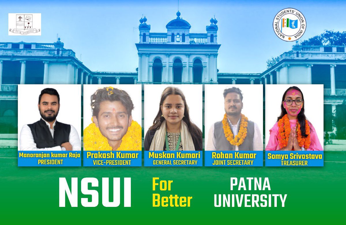 NSUIBihar's tweet photo. पटना विश्वविद्यालय छात्र संघ चुनाव में NSUI के उम्मीदवारों का समर्थन करें! 

✔️ मनोरंजन कुमार राजा – अध्यक्ष
✔️ प्रकाश कुमार – उपाध्यक्ष
✔️ मुस्कान कुमारी – महासचिव
✔️ रोहन कुमार – संयुक्त सचिव
✔️सौम्या श्रीवास्तव – कोषाध्यक्ष

प्रगतिशील और बेहतर छात्र राजनीति के लिए NSUI पैनल को अपना वोट दें।