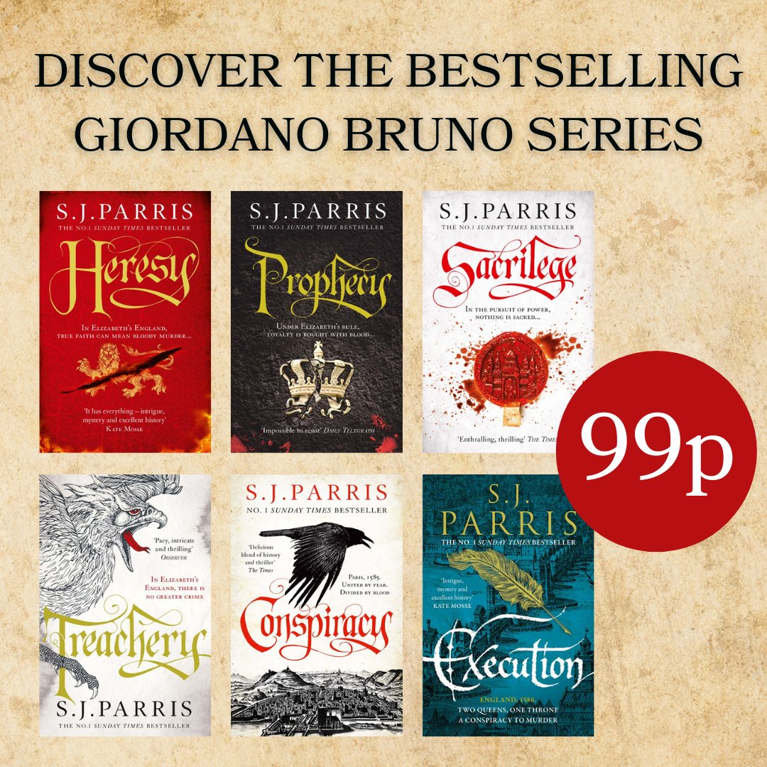 🚨Incredible deal alert! 🚨The first 6 books in the Giordano Bruno series by bestselling author S. J. Parris are now available for 99p each.

Be quick this offer runs out at the end of the day!
🔗smarturl.it/w2OF5IzX