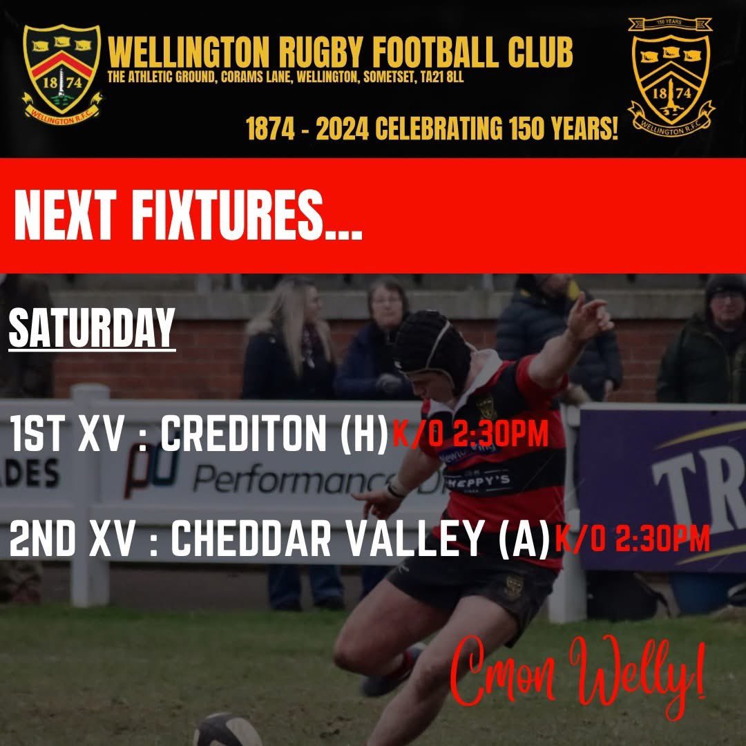 WRFC Men’s fixtures for tomorrow ❤️🖤#150 <a href="/AroundWelly/">Around Wellington</a> <a href="/swsportsnews/">South West Sports News</a> <a href="/CreditonRFC/">Crediton RFC</a>