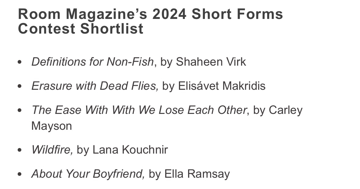 Announcing our 2024 Short Forms Contest Shortlist, judged by the incredble Zalika Reid-Benta! Thank you to everyone who trusted us with their work 💫

roommagazine.com/whats-new/shor…