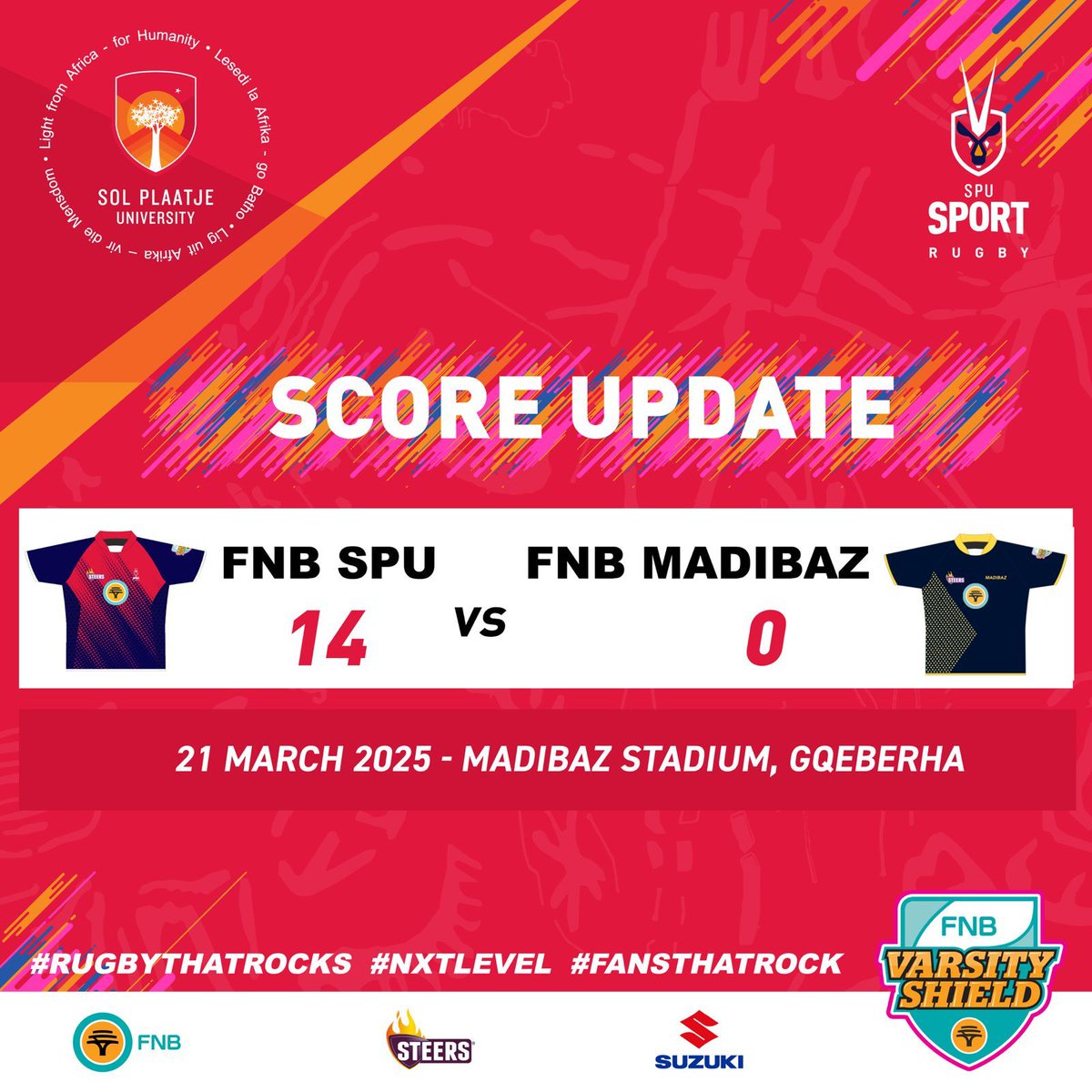 MySPU's tweet photo. 🔥 GEMMIES ARE ON FIRE! 🔥

FNB SPU extends their lead! 14-0 against FNB Madibaz.

#FNBVarsityShield #GemmieFire #RugbyThatRocks https://t.co/m2lsIIEorR