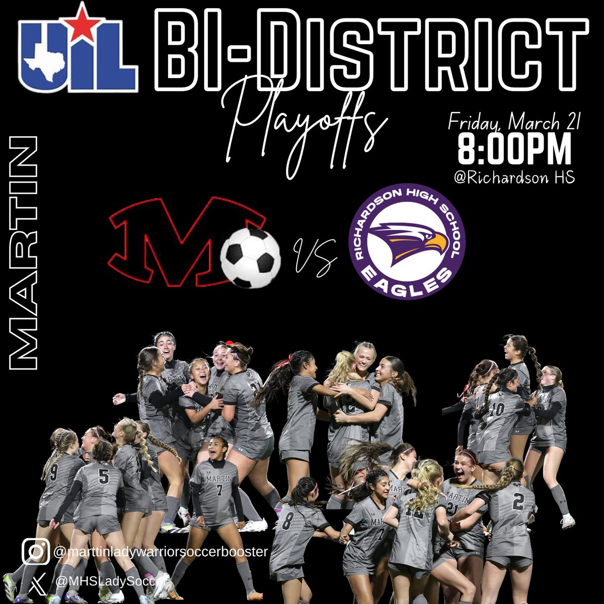 Game Day! Bi-District Playoffs Rd 1

🆚 Richardson HS
⏰ V @ 8:00 PM
📍 Richardson HS