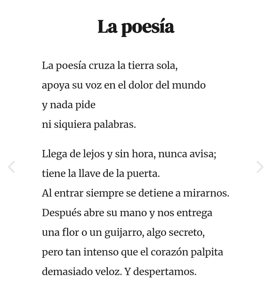 "La poesía cruza la tierra sola,
apoya su voz en el dolor del mundo
y nada pide
ni siquiera palabras."

#DiaMundialDeLaPoesia 
#EugenioMontejo
#Venezuela