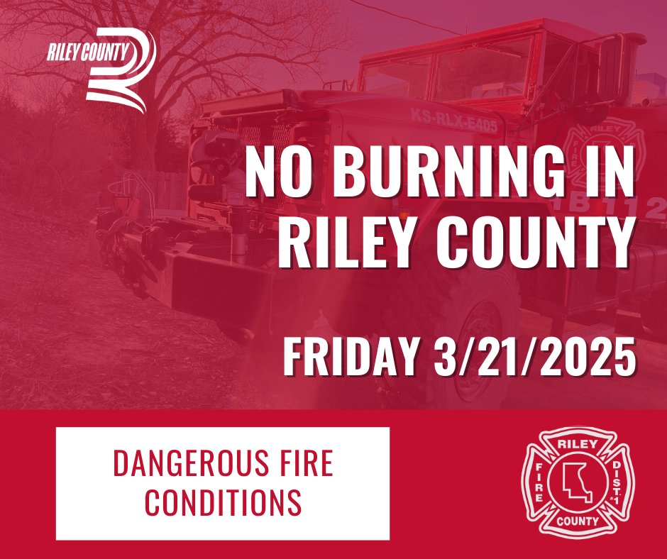 RileyCountyEMFD's tweet image. 3/21/2025NO BURNING IN RILEY COUNTY
Gusty winds and low relative humidity will lead to VERY HIGH FIRE DANGER this afternoon.
Very high fire danger will likely continue into Saturday and Sunday. We also have a chance for thunderstorms late Saturday night into early Sunday morning.