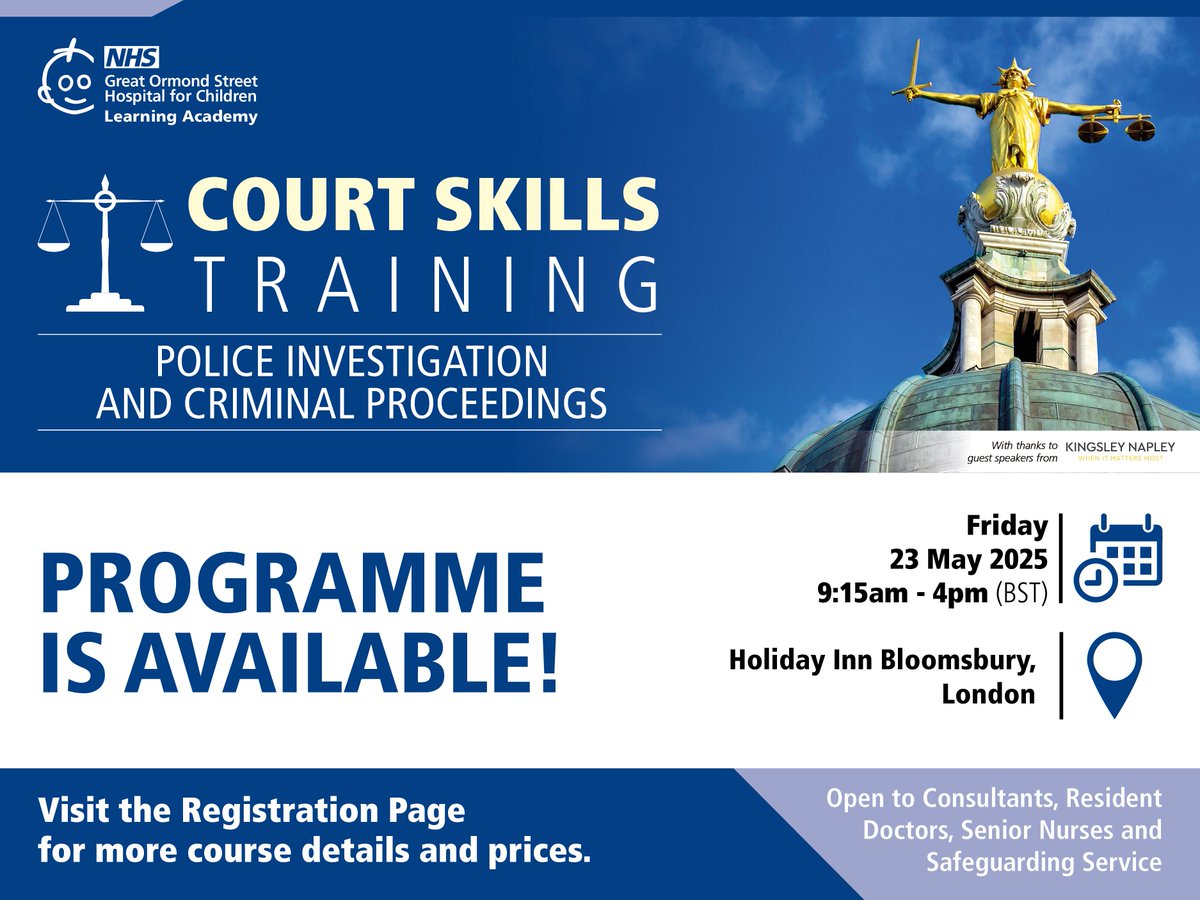 The programme is here! Learn from leading legal professionals at our one-day Court Skills Training Course on 23 May. Sign up to take part in a statement writing exercise, mock trial and more. 

Book now: courses.gosh.org/event/CourtSki…