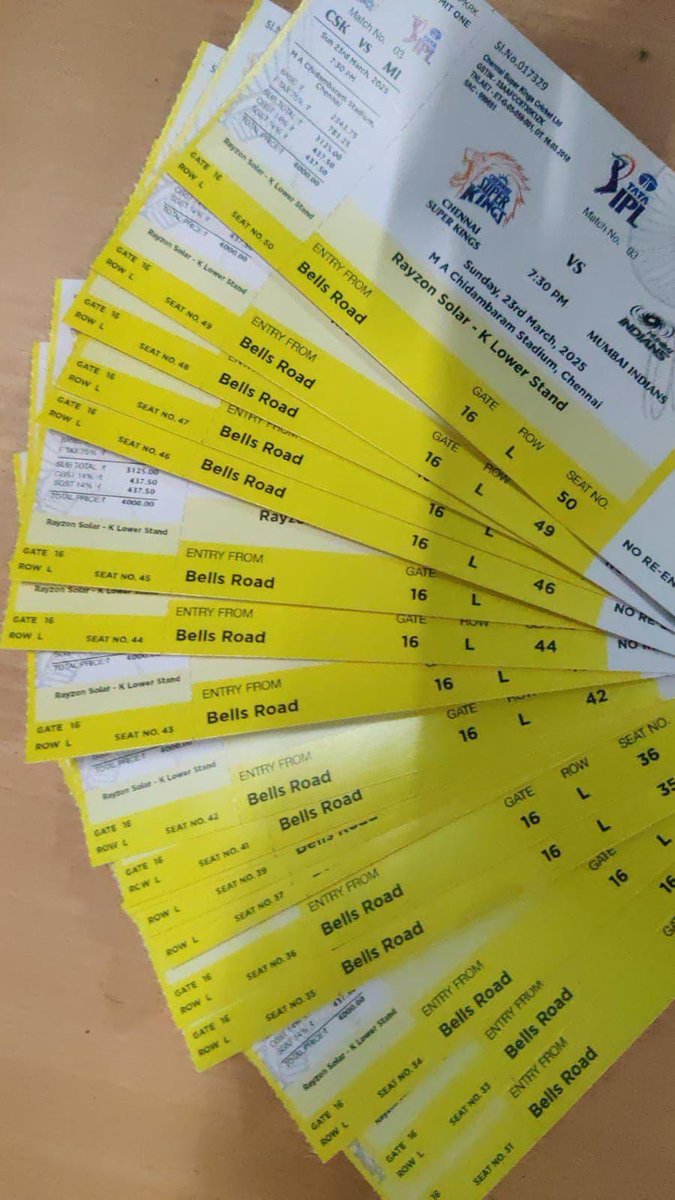 fezluez's tweet photo. CSK vs MI 10 tickets available dm me if needed 
#IPL2025  #ChennaiSuperKings #CSKvsMI #ipltickets #IPL  #ChepaukStadium https://t.co/CHmytv5Dbv