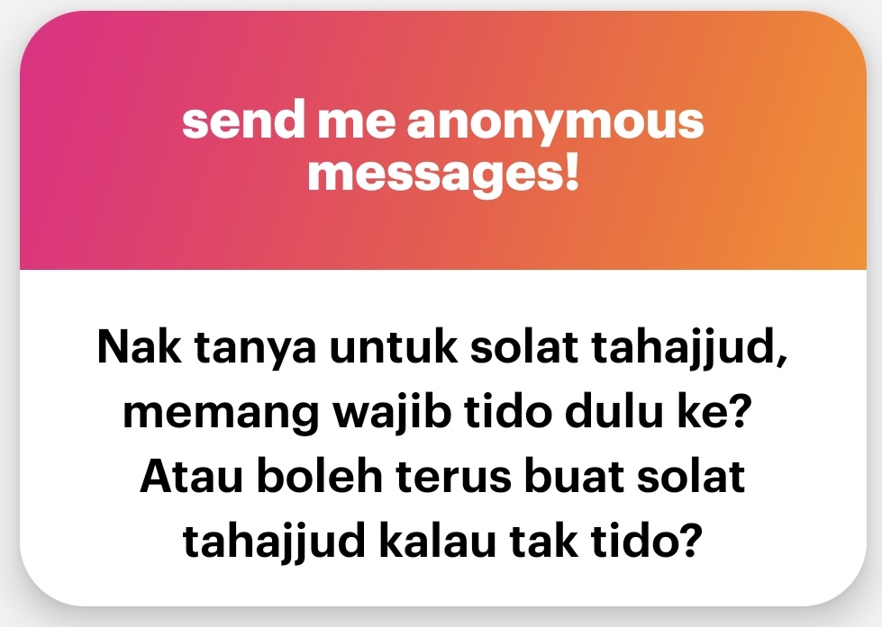 The_X_Guy's tweet photo. [Solat Tahajjud, Perlu Tidur Dulu?]

Para ulama khilaf dalam bab ini. Jawapannya, tidaklah disyaratkan untuk tidur dahulu kalau nak solat tahajjud.

Tetapi, yang lebih menepati makna tahajjud adalah tidur dahulu kemudian bangun malam untuk solat. Ganjarannya pun lebih. https://t.co/HVPj0qabEs