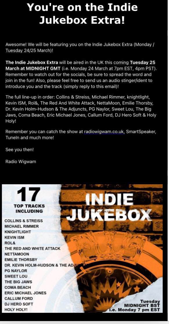 One of our tracks is getting a play on this <a href="/RadioWigwam/">Radio Wigwam</a> show. Tune in👍