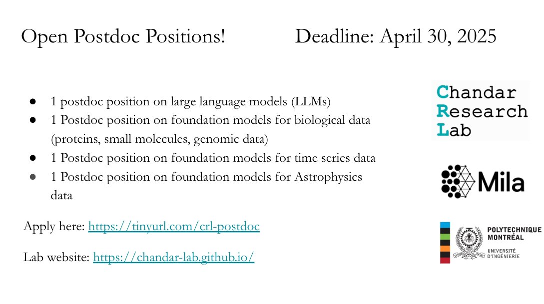 In my lab, we have not one but four open postdoc positions! These positions cover developing foundation models for text, proteins, small molecules, genomic data, time series data, and astrophysics data! If you have strong research expertise and a PhD in LLMs and Foundation